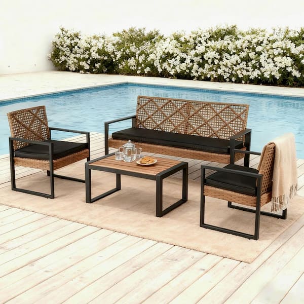 Outdoor Patio Furniture Set of 4 w/ Metal Frame PE Rattan Acacia Wood Table Top Weather-Resistant, Black & Lightbrown