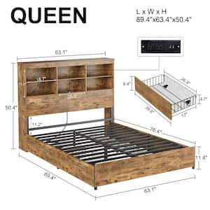 Queen Bed Frame with Storage Headboard, 4-Drawers, Charging Station and Heavy-Duty Metal Slats, Brown Platform Bed