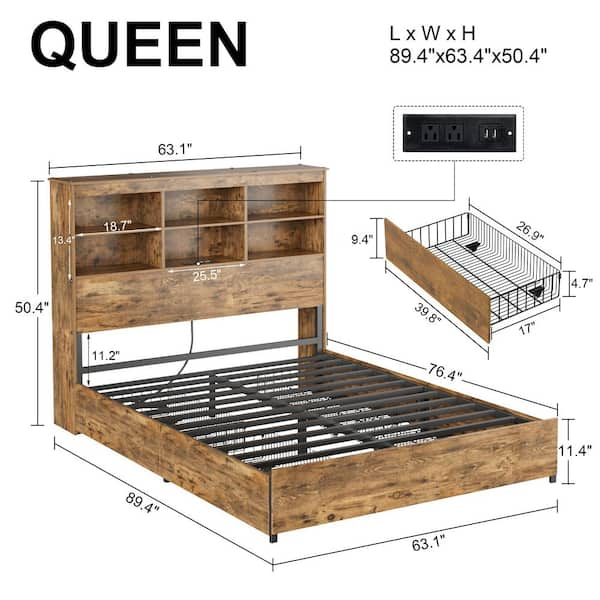 Queen Bed Frame with Storage Headboard, 4-Drawers, Charging Station and Heavy-Duty Metal Slats, Brown Platform Bed