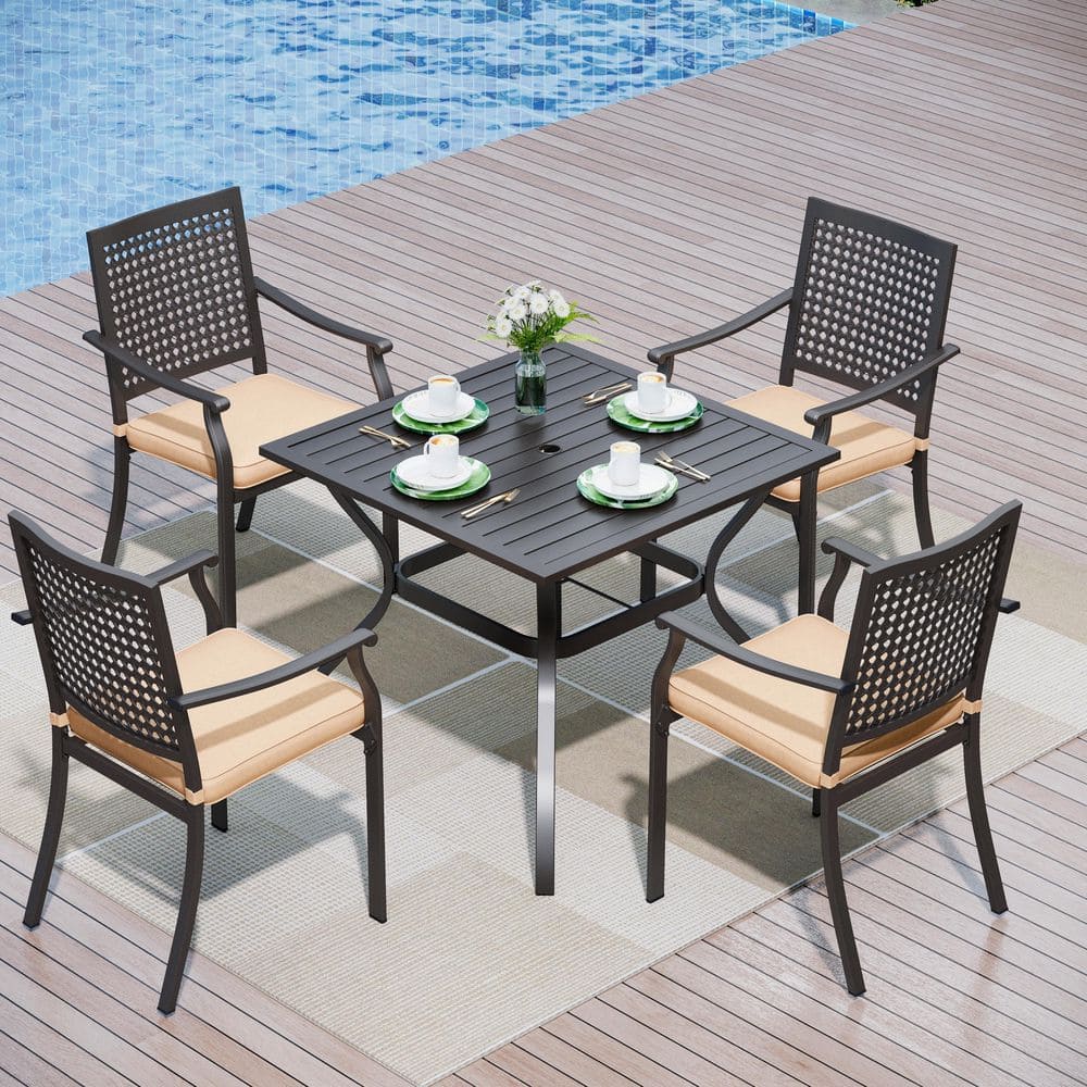 5-Piece Metal Patio Outdoor Dining Set with Square Table and Metal Chairs with Beige Cushions price history on PriceWatchPro
