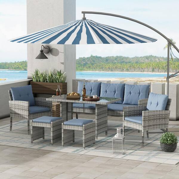 Kingdely 6-Piece Rattan Wicker Patio Conversation Chair Set Lounge Chairs with Gray Cushions, Ottoman, Loveseat, Coffee Table