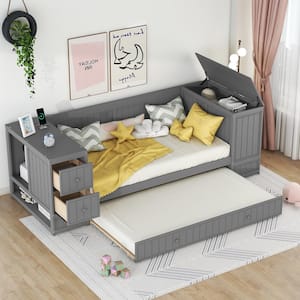 Gray Twin Size Wood Daybed with Trundle, 2-Drawer, Flip-Top Storage Box, Cabinet, Open Compartments, Charging Station