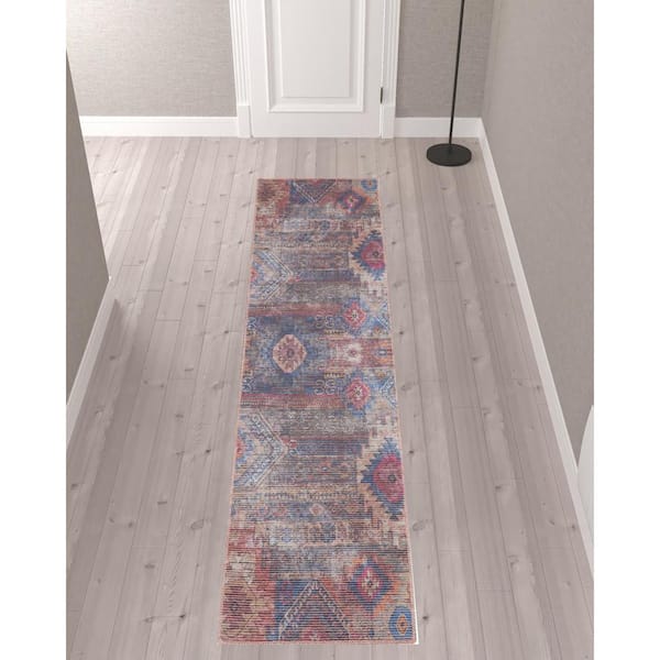 Blue and Red 2 ft. x 10 ft. Geometric Power Loom Distressed Washable Runner Rug