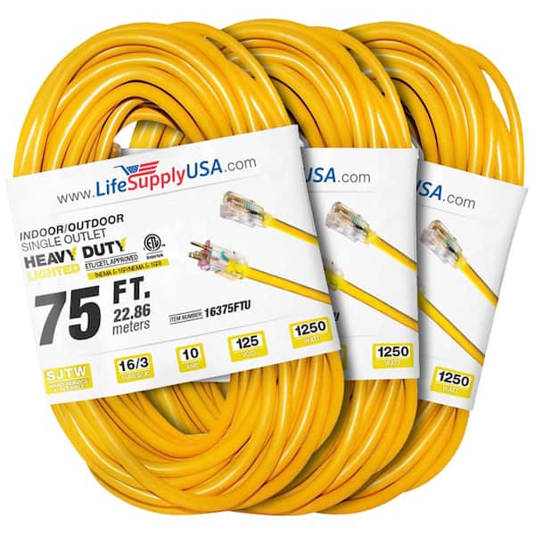 LifeSupplyUSA 75 ft. 16-Gauge/3-Conductors SJTW Indoor/Outdoor Extension Cord with Lighted End Yellow (3-Pack)