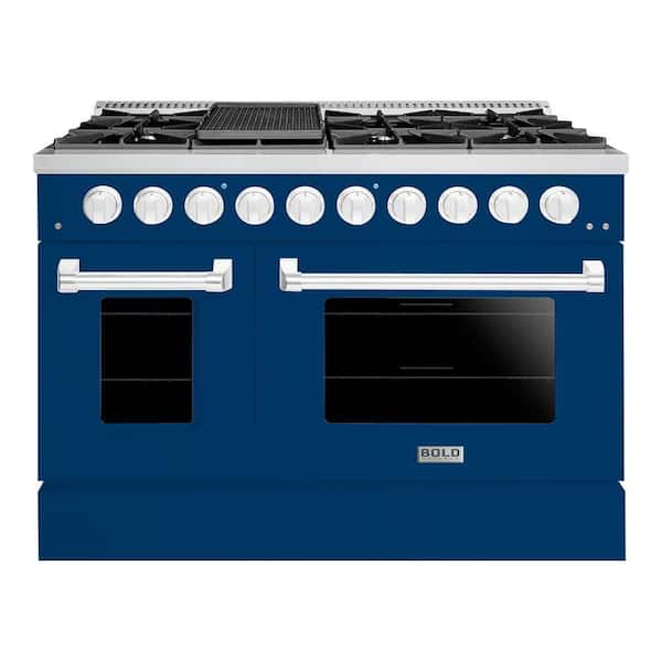 Hallman BOLD 48" 6.7 Cu. Ft. 8 Burner Freestanding Double Oven Dual Fuel Range with Gas Stove and Electric Oven in. Blue