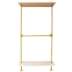 Gold Wall-Mounted Modern Industrial Iron Pipe Hanging Rods Clothes Rack with 2 Tier Wood Shelf 92.13 in. H x 17.7 in. W
