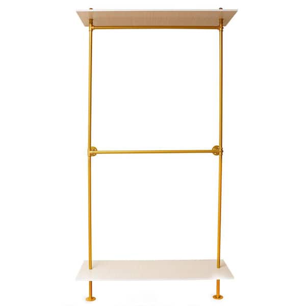 YIYIBYUS Gold Wall-Mounted Modern Industrial Iron Pipe Hanging Rods Clothes Rack with 2 Tier Wood Shelf 92.13 in. H x 17.7 in. W