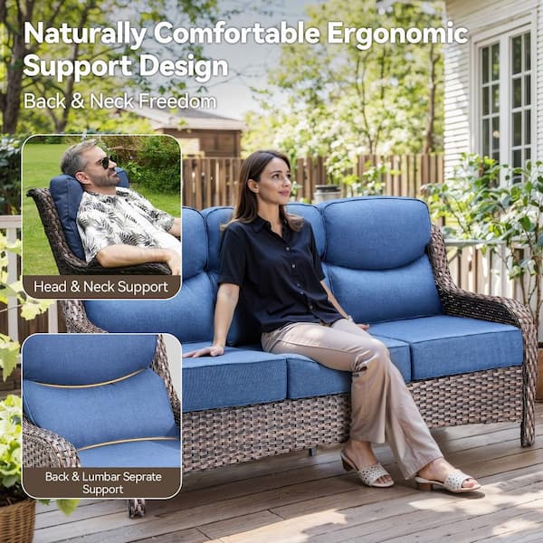 MoonLuxe 3-Seat Brown PE Wicker Outdoor Couch with 6 in. Olefin Blue Cushions/Patio Sofa Furniture