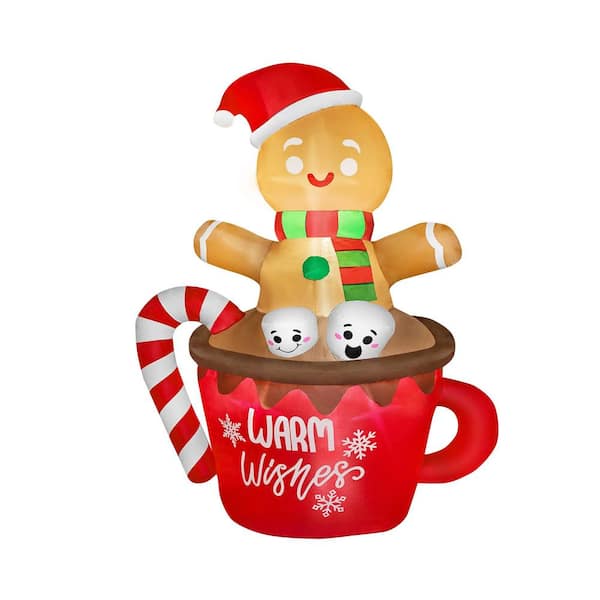 Joyfy 6 ft. Tall Christmas Inflatable Gingerbread Man in Hot Cocoa Mug with Build-in LEDs, Blow Up Yard Decoration