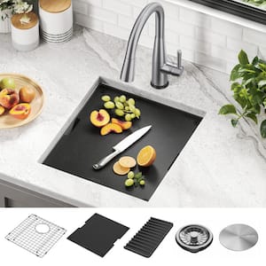 Rivet 16-Gauge Stainless Steel 17 in. Single Bowl Undermount Workstation Bar Preparation Kitchen Sink with Accessories