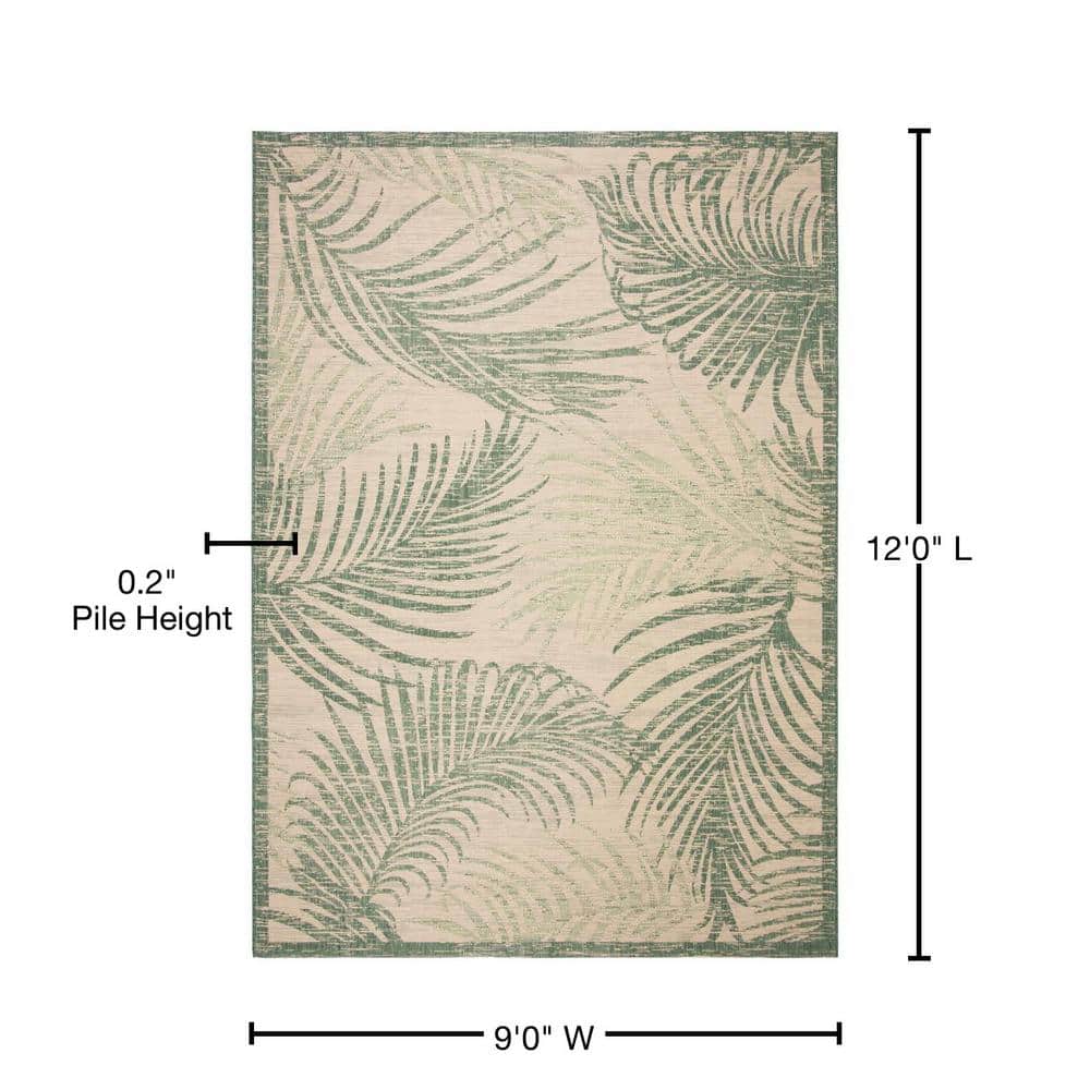 Beige and Green Botanical 9' x 12' Reversible Indoor/Outdoor Rug