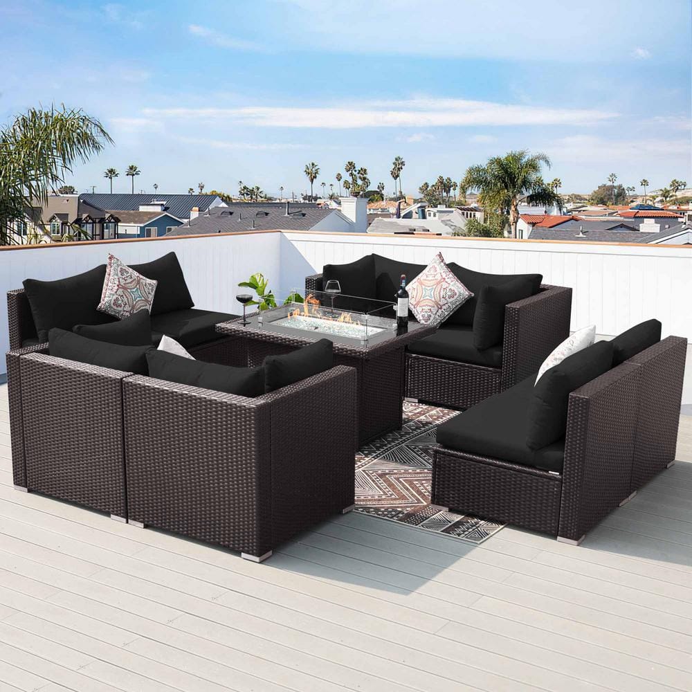 Luxury 9-Piece Espresso Wicker Patio Fire Pit Conversation Sectional Deep Seating Sofa Set with Black Cushions price history on PriceWatchPro