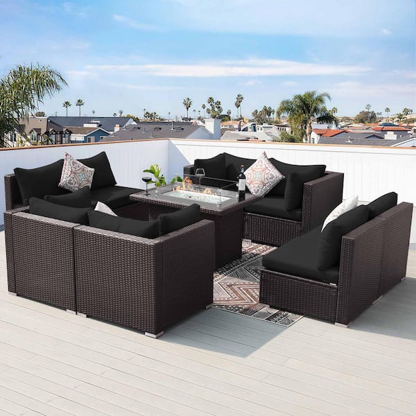 FINCATI Luxury 9-Piece Espresso Wicker Patio Fire Pit Conversation Sectional Deep Seating Sofa Set with Black Cushions
