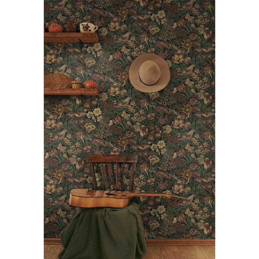 Mahogany and Graphite Bird Floral Pre-pasted Vinyl Wallpaper