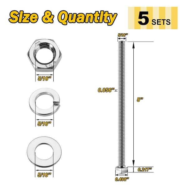5/16 in. 18 x 5 in. Stainless Steel Uncoated Hex Bolt with Nut Washer and Lock Washer (5-Pack)