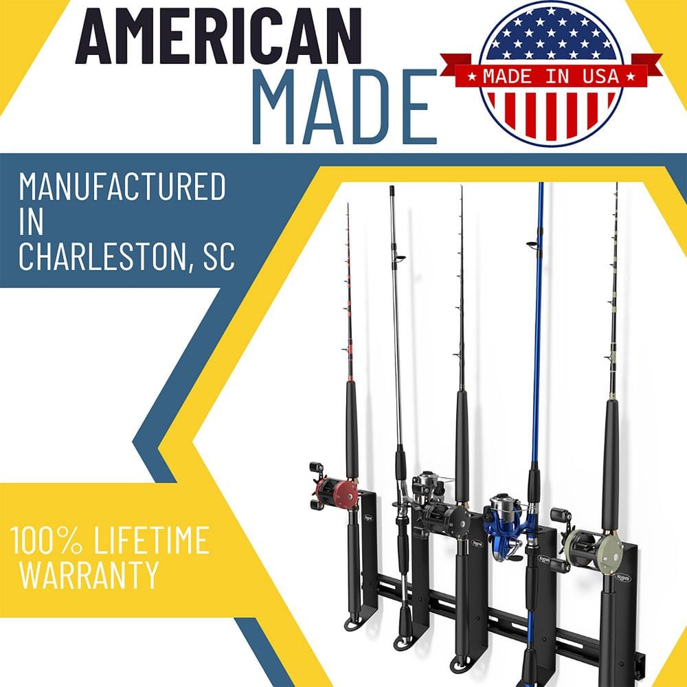 Black Steel Wall-Mounted Fishing Rod Holder and Organizer