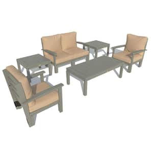 6-Piece Plastic Patio Conversation Outdoor Loveseat Set of Chairs and 2 Side Tables with Driftwood Cushions