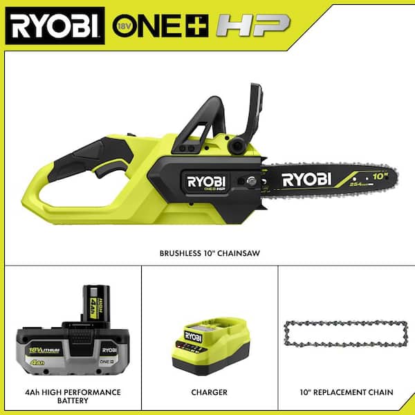 ONE+ HP 18V Brushless 10 in. Battery Chainsaw with Extra 10" Chain, 4.0 Ah Battery and Charger