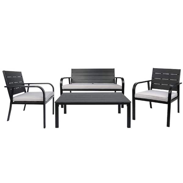 Unbranded 4-Piece Wood Grain Design PE Steel Frame Loveseat Gray Conversation Set with Cushions Coffee Table for Patio Backyard