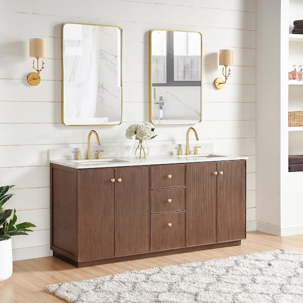 Oza 72 in. W x 22 in. D x 33.9 in. H Double Sink Bath Vanity in Dark Brown with White Qt. Stone Top and Mirror