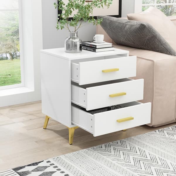 FUFU&GAGA 19.7 in W White Wood End Table with 3-Drawers