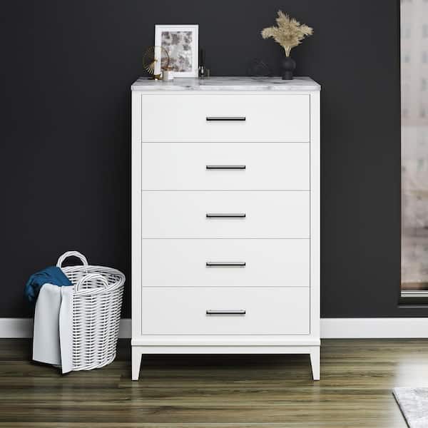 Ameriwood Home Madison Lane Tall 5-Drawer Dresser, White w/White Marble Top