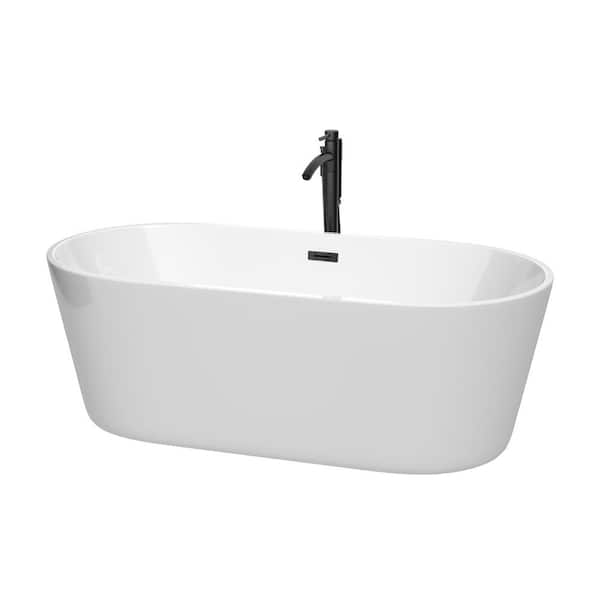 Wyndham Collection Carissa CD 67 in. x 31.5 in. Soaking Bathtub with Center Drain in White with Matte Black Trim and Faucet