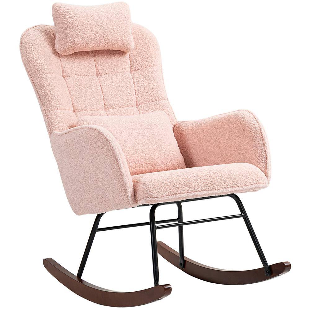 Pink Upholstered High-Back Rocking Chair with Steel Frame and Beech Wood Base