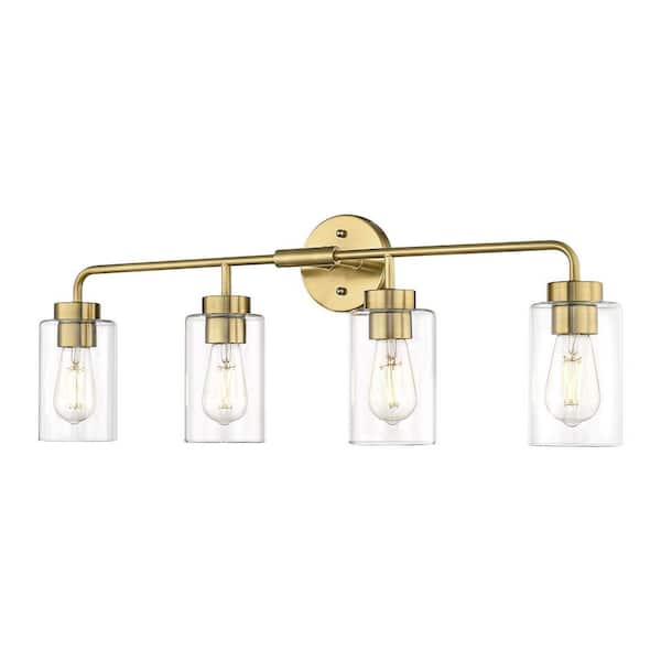 30 in. 4 Light Brushed Gold Vanity Light with Clear Glass Shade