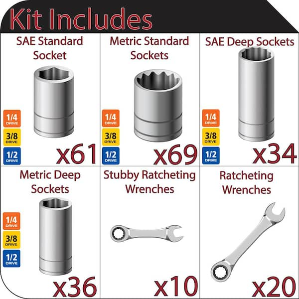 1/4 in., 3/8 in. and 1/2 in. Socket and Ratcheting Wrench Mechanics Tool Set with EVA Storage Trays (230-Piece)