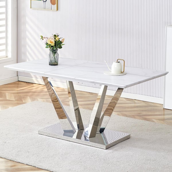 Polibi 63.00 in. White/Sliver Mordern Faux Mable Top Rectangular Pedestal Dining Table with Silver Legs Seats 6-8