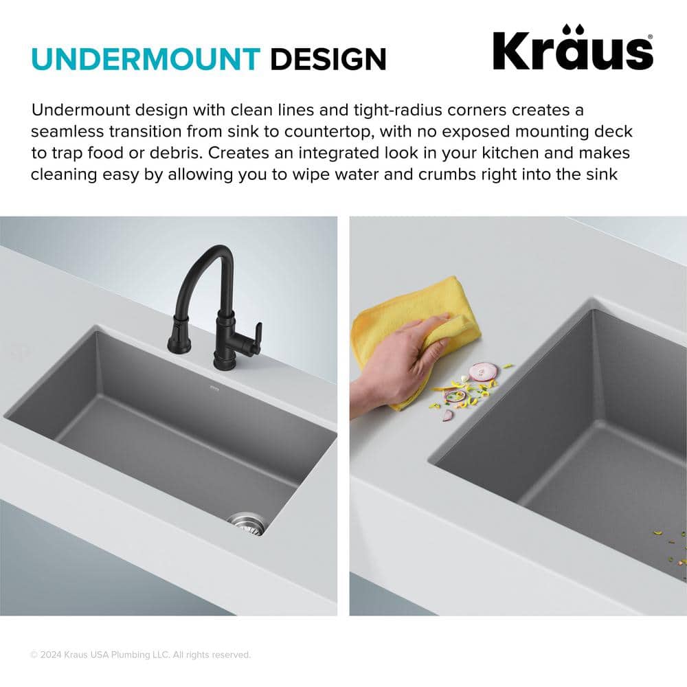 Gray 32-inch Undermount Single Bowl Granite Kitchen Sink