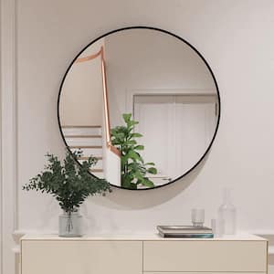 28 in. W x 28 in. H Round Metal Framed Wall Bathroom Vanity Mirror in Black
