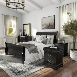 5-Piece Burkhart Black Wood Queen Bedroom Set with 2-Nightstands and Dresser w/Mirror