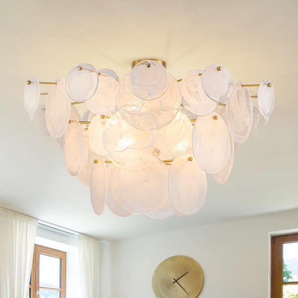 35.4 in. 9-Light Brass Modern Cluster Semi-Flush Mount With Round Cloud Mist Texture Glass