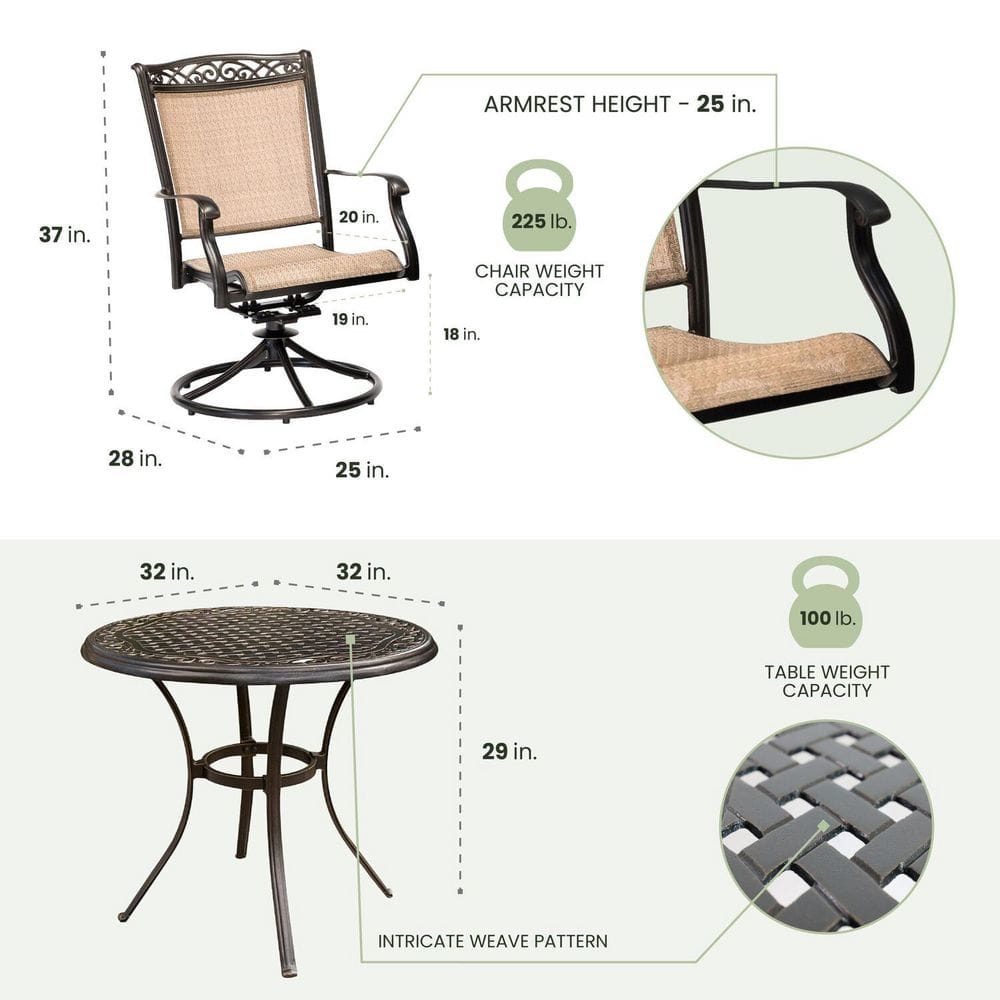 Golden-Bronze 3-Piece Bistro Set with Swivel Rockers and Cast-Top Table