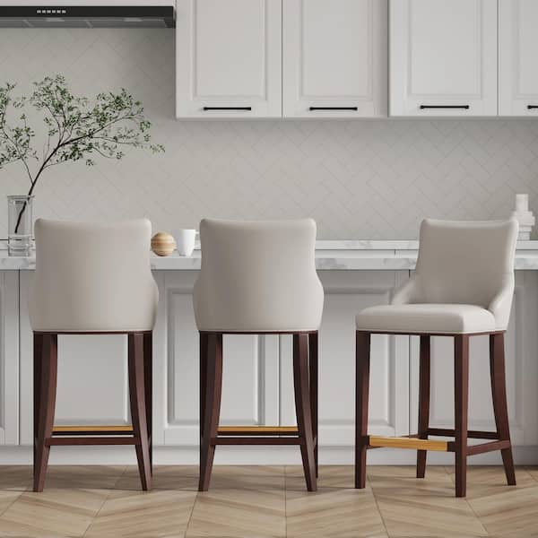Manhattan Comfort Shubert 29.13 in. Light Grey Beech Wood Bar Stool with Faux Leather Upholstered Seat (Set of 3)