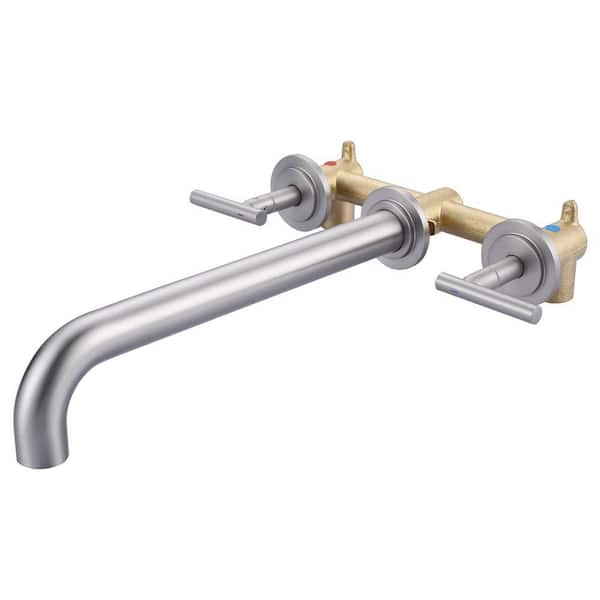 2-Handle Wall Mount Bathroom Faucet with Cross Handles in Brushed