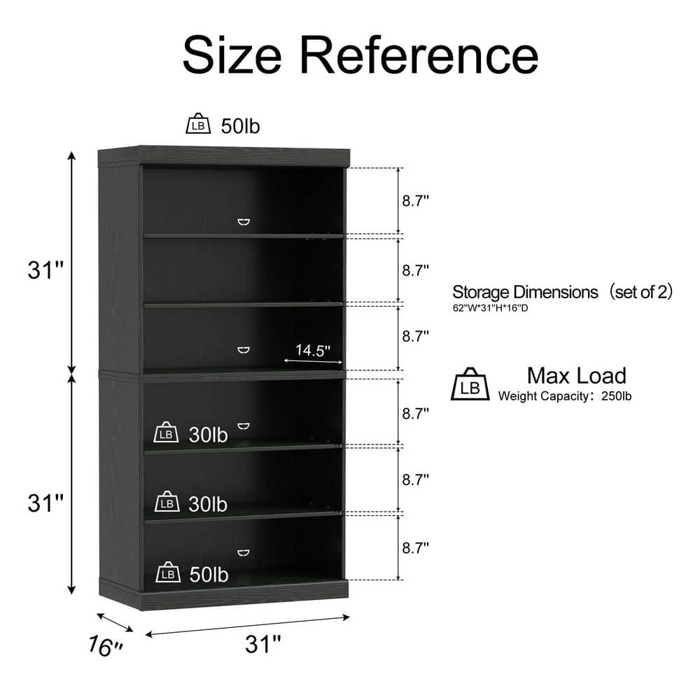 Size reference diagram for the 62 in tall bookcase dimensions and load capacity.