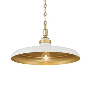 Crowne 100-Watt 1-Light Off-White Cream and Legacy Brass Round Pendant Light with Metal Shade, No Bulb Included