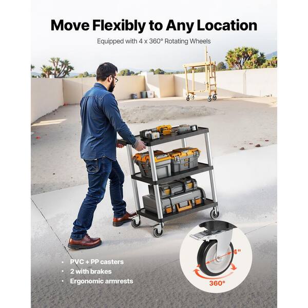VEVOR Foldable Utility Cart - 550LB Capacity 3-Shelf Rolling Cart With Swivel Wheels & Brakes