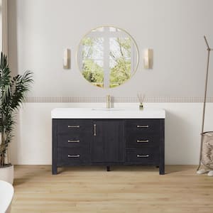 León 60 in. W x 22 in. D x 34 in. H Single Freestanding Bath Vanity in Fir Wood Black with White Composite Stone Top