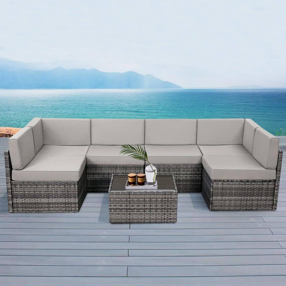 7-Piece Gray Wicker Outdoor Sofa Sectional Set Patio Seating Sets with Ligh