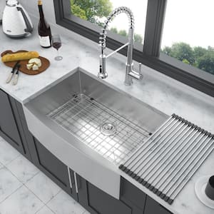33 in. Farmhouse Single Bowl 18 Gauge Brushed Nickel Stainless Steel Kitchen Sink with Bottom Grid
