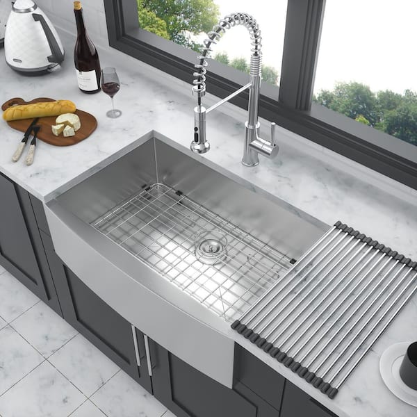 Unbranded 33 in. Farmhouse Single Bowl 18 Gauge Brushed Nickel Stainless Steel Kitchen Sink with Bottom Grid