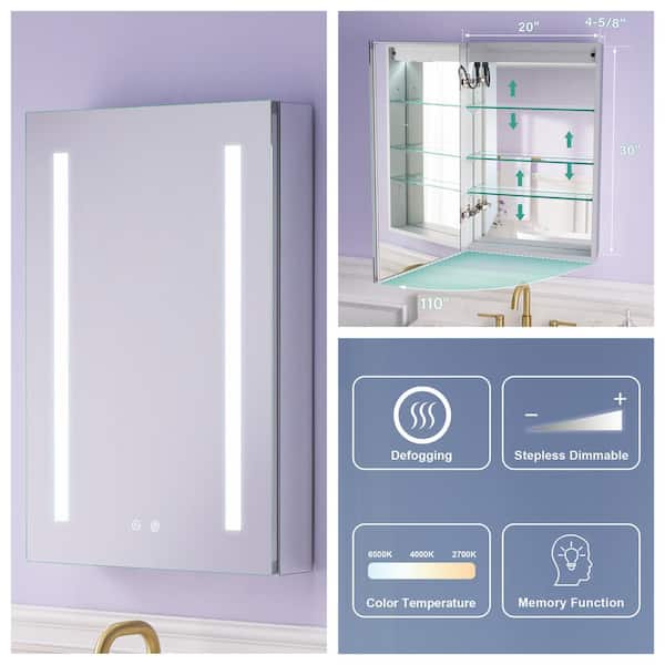 20 in. W x 30 in. H Rectangular Aluminum Medicine Cabinet with Mirror Lights, Anti-Fog,Left Soft Close Door,BLUM Hinge