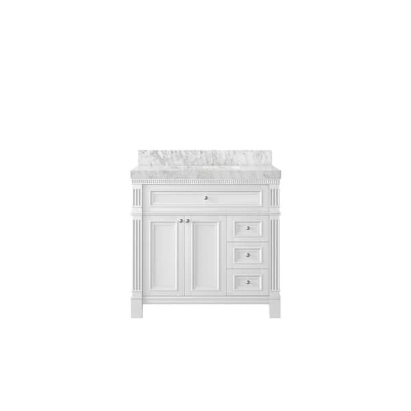 Willow Collections Paris 36 in. W x 22 in. D x 36 in. H Single Sink Bath Vanity Center in White with 2 in. Carrara Marble Top
