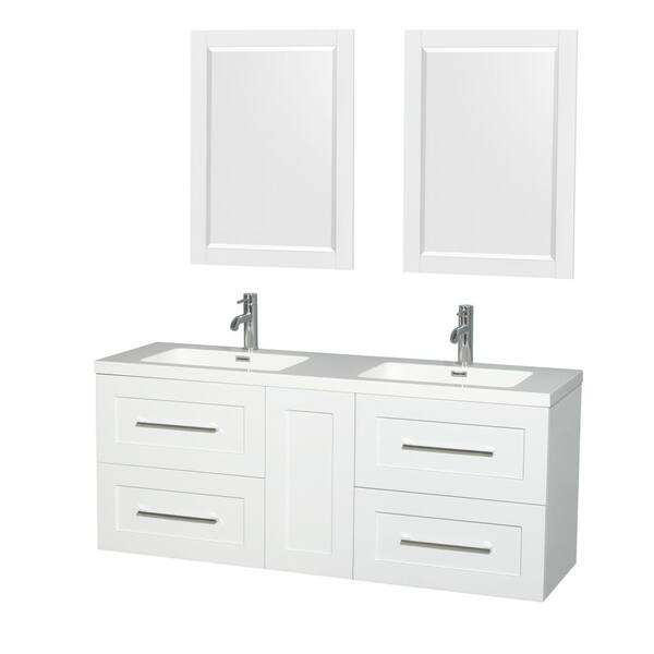 Wyndham Collection Olivia 60 in. W x 19 in. D Vanity in Glossy White with Acrylic Vanity Top in White with White Basins and 24 in. Mirrors