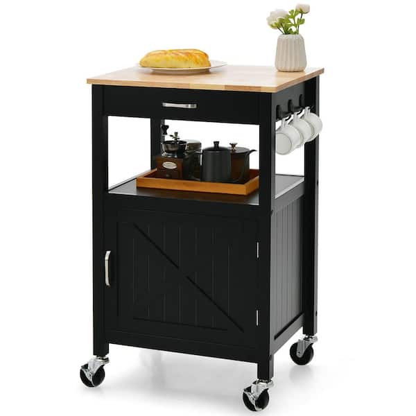 Small Black Kitchen Cart Island on Wheels Mobile Trolley Cart Barn Door Drawer Hooks