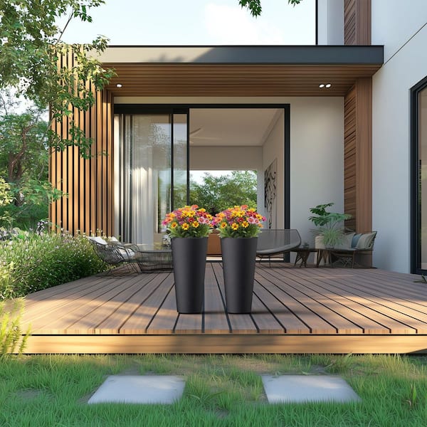 Sapcrete 8 in. Medium Charcoal Black (Enhanced Core) Concrete Round Planter / Pot with Drainage Holes Set of 2